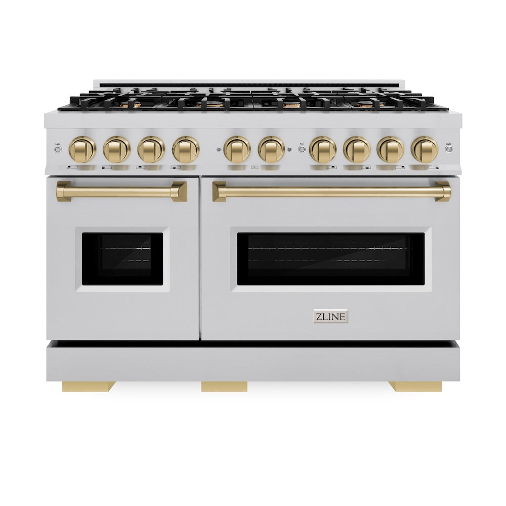 ZLINE Autograph Edition 48 in. 6.7 cu. ft. Classic Double Oven Dual Fuel Range with 8 Burner Gas Cooktop in Stainless Steel and Champagne Bronze Accents (CDRZ-48-CB)