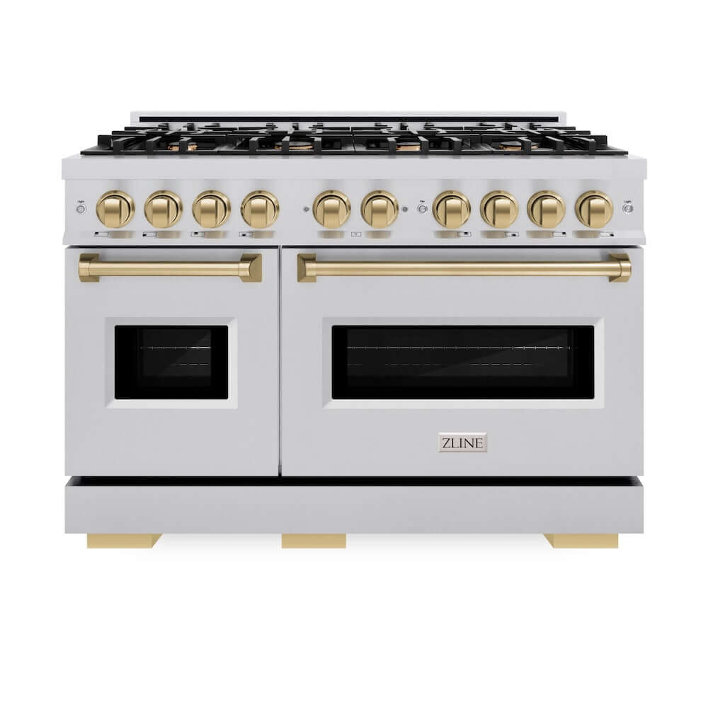 ZLINE Autograph Edition 48 in. 6.7 cu. ft. Classic Double Oven Dual Fuel Range with 8 Burner Gas Cooktop in Stainless Steel and Champagne Bronze Accents, Open Box-Good Condition