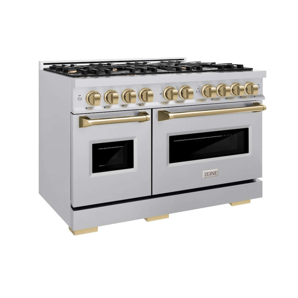 ZLINE Autograph Edition 48 in. 6.7 cu. ft. Classic Double Oven Dual Fuel Range with 8 Burner Gas Cooktop in Stainless Steel and Champagne Bronze Accents (CDRZ-48-CB) main image.