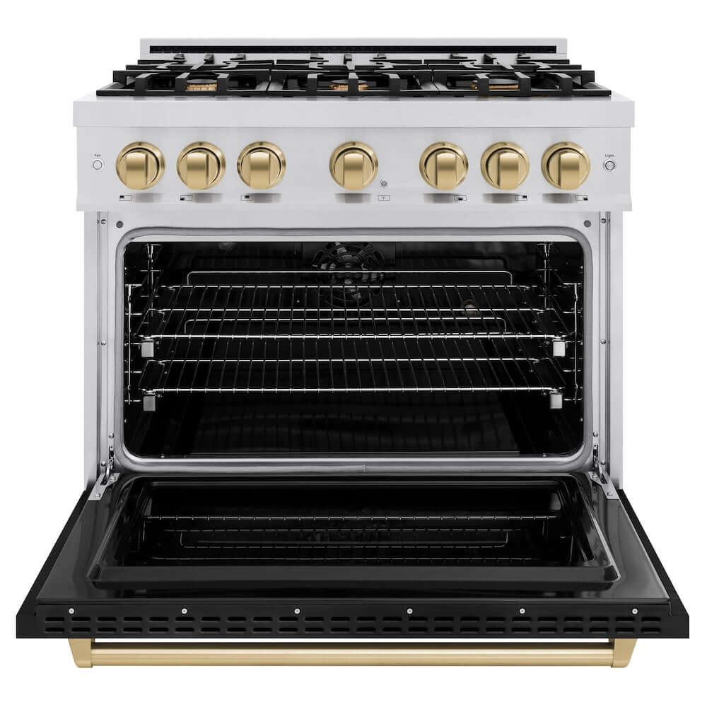 ZLINE Autograph Edition 36 in. 5.2 cu. ft. Classic Dual Fuel Range with 6 Burner Gas Cooktop and Electric Convection Oven in Stainless Steel with Black Matte Door and Champagne Bronze Accents, Open Box-Good Condition
