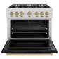 ZLINE Autograph Edition 36 in. 5.2 cu. ft. Classic Dual Fuel Range with 6 Burner Gas Cooktop and Electric Convection Oven in Stainless Steel with Black Matte Door and Champagne Bronze Accents, Open Box-Great Condition