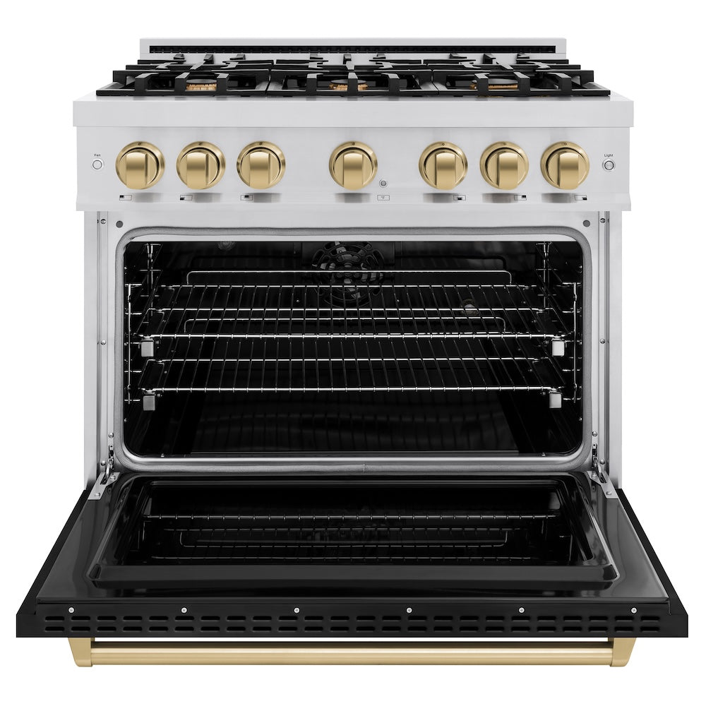 ZLINE Autograph Edition 36 in. 5.2 cu. ft. Classic Dual Fuel Range with 6 Burner Gas Cooktop and Electric Convection Oven in Stainless Steel with Black Matte Door and Champagne Bronze Accents, Open Box-Great Condition