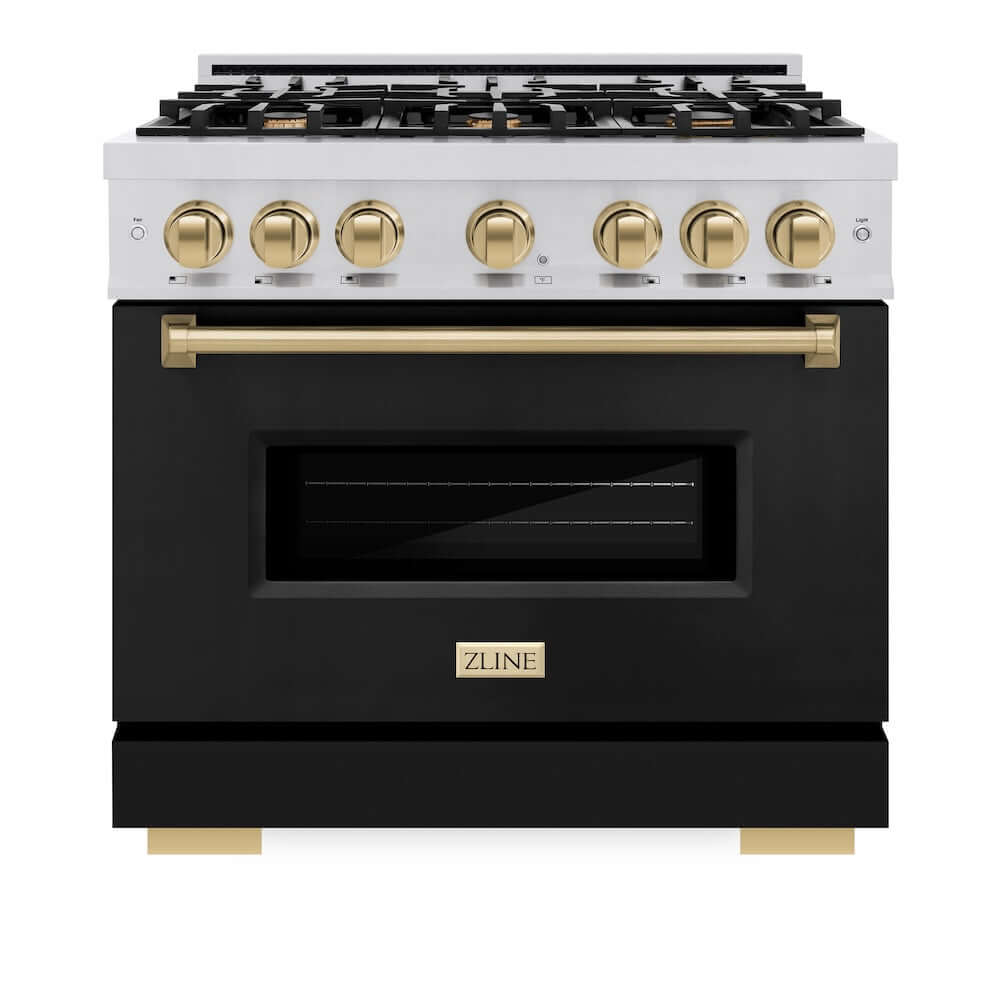 ZLINE Autograph Edition 36 in. 5.2 cu. ft. Classic Dual Fuel Range with 6 Burner Gas Cooktop and Electric Convection Oven in Stainless Steel with Black Matte Door and Champagne Bronze Accents, Open Box-Good Condition