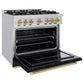 ZLINE Autograph Edition 36 in. 5.2 cu. ft. Classic Dual Fuel Range with 6 Burner Gas Cooktop and Electric Convection Oven in Stainless Steel with Black Matte Door and Champagne Bronze Accents (CDRZ-BLM-36-CB) side, open.