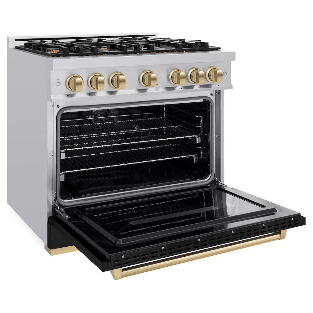 ZLINE Autograph Edition 36 in. 5.2 cu. ft. Classic Dual Fuel Range with 6 Burner Gas Cooktop and Electric Convection Oven in Stainless Steel with Black Matte Door and Champagne Bronze Accents (CDRZ-BLM-36-CB) side, open.