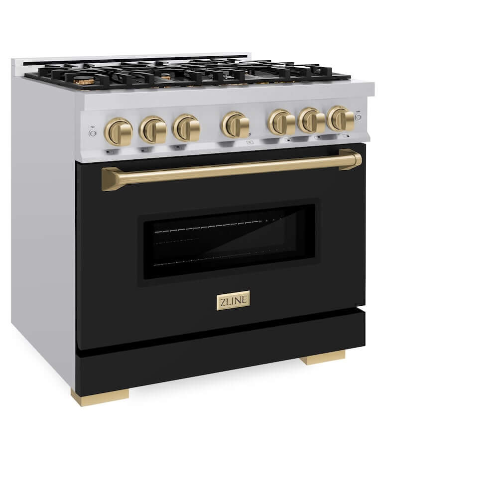 ZLINE Autograph Edition 36 in. 5.2 cu. ft. Classic Dual Fuel Range with 6 Burner Gas Cooktop and Electric Convection Oven in Stainless Steel with Black Matte Door and Champagne Bronze Accents, Open Box-Good Condition