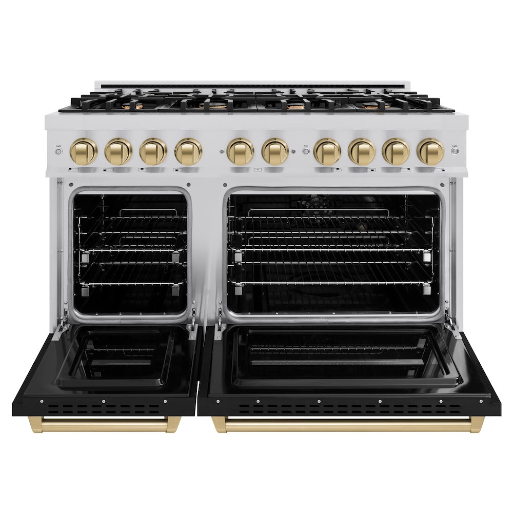 ZLINE Autograph Edition 48 in. 6.7 cu. ft. Classic Double Oven Dual Fuel Range with 8 Burner Gas Cooktop in Stainless Steel with Black Matte Doors and Champagne Bronze Accents, Open Box-Great Condition