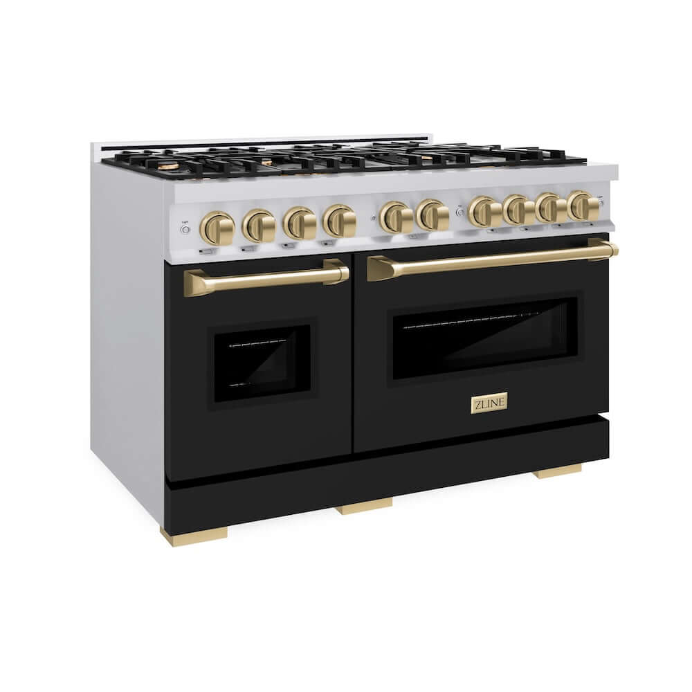 ZLINE Autograph Edition 48 in. 6.7 cu. ft. Classic Double Oven Dual Fuel Range with 8 Burner Gas Cooktop in Stainless Steel with Black Matte Doors and Champagne Bronze Accents, Open Box-Good Condition