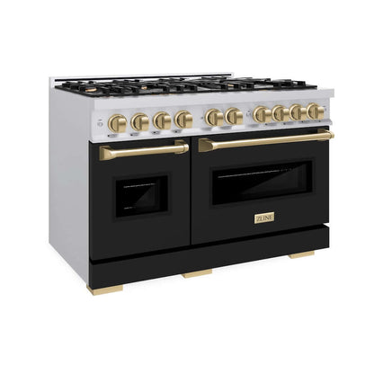 ZLINE Autograph Edition 48 in. 6.7 cu. ft. Classic Double Oven Dual Fuel Range with 8 Burner Gas Cooktop in Stainless Steel with Black Matte Doors and Champagne Bronze Accents, Open Box-Good Condition