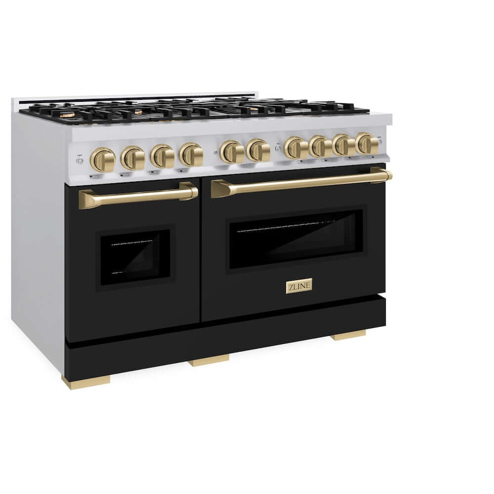 ZLINE Autograph Edition 48 in. 6.7 cu. ft. Classic Double Oven Dual Fuel Range with 8 Burner Gas Cooktop in Stainless Steel with Black Matte Doors and Champagne Bronze Accents, Open Box-Good Condition