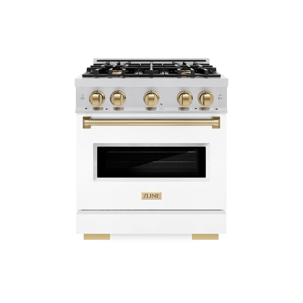 ZLINE Autograph Edition 30 in. 4.2 cu. ft. Classic Dual Fuel Range with 4 Burner Gas Cooktop and Electric Convection Oven in Stainless Steel with White Matte Door and Champagne Bronze Accents, Open Box-Great Condition