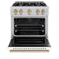 ZLINE Autograph Edition 30 in. 4.2 cu. ft. Classic Dual Fuel Range with 4 Burner Gas Cooktop and Electric Convection Oven in Stainless Steel with White Matte Door and Champagne Bronze Accents (CDRZ-WM-30-CB) front, oven open.