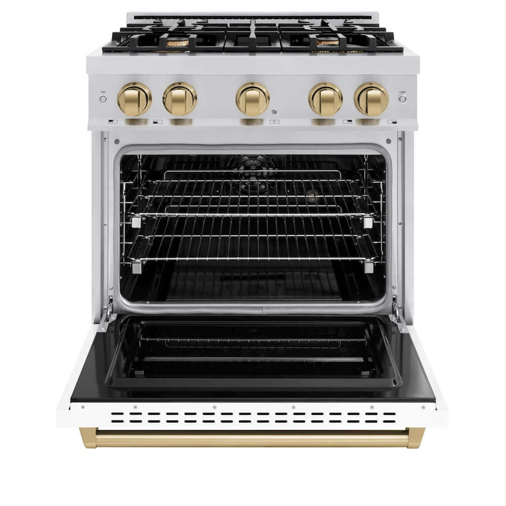 ZLINE Autograph Edition 30 in. 4.2 cu. ft. Classic Dual Fuel Range with 4 Burner Gas Cooktop and Electric Convection Oven in Stainless Steel with White Matte Door and Champagne Bronze Accents (CDRZ-WM-30-CB) front, oven open.