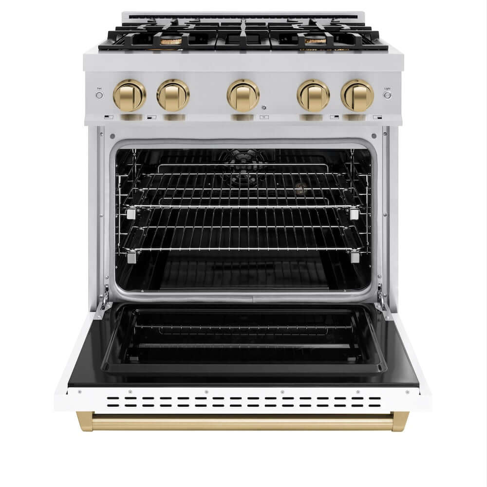 ZLINE Autograph Edition 30 in. 4.2 cu. ft. Classic Dual Fuel Range with 4 Burner Gas Cooktop and Electric Convection Oven in Stainless Steel with White Matte Door and Champagne Bronze Accents, Open Box-Good Condition