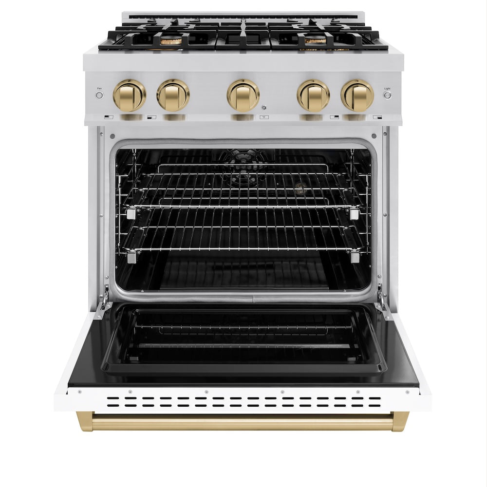 ZLINE Autograph Edition 30 in. 4.2 cu. ft. Classic Dual Fuel Range with 4 Burner Gas Cooktop and Electric Convection Oven in Stainless Steel with White Matte Door and Champagne Bronze Accents, Open Box-Great Condition