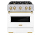 ZLINE Autograph Edition 30 in. 4.2 cu. ft. Classic Dual Fuel Range with 4 Burner Gas Cooktop and Electric Convection Oven in Stainless Steel with White Matte Door and Champagne Bronze Accents (CDRZ-WM-30-CB) front, oven closed.
