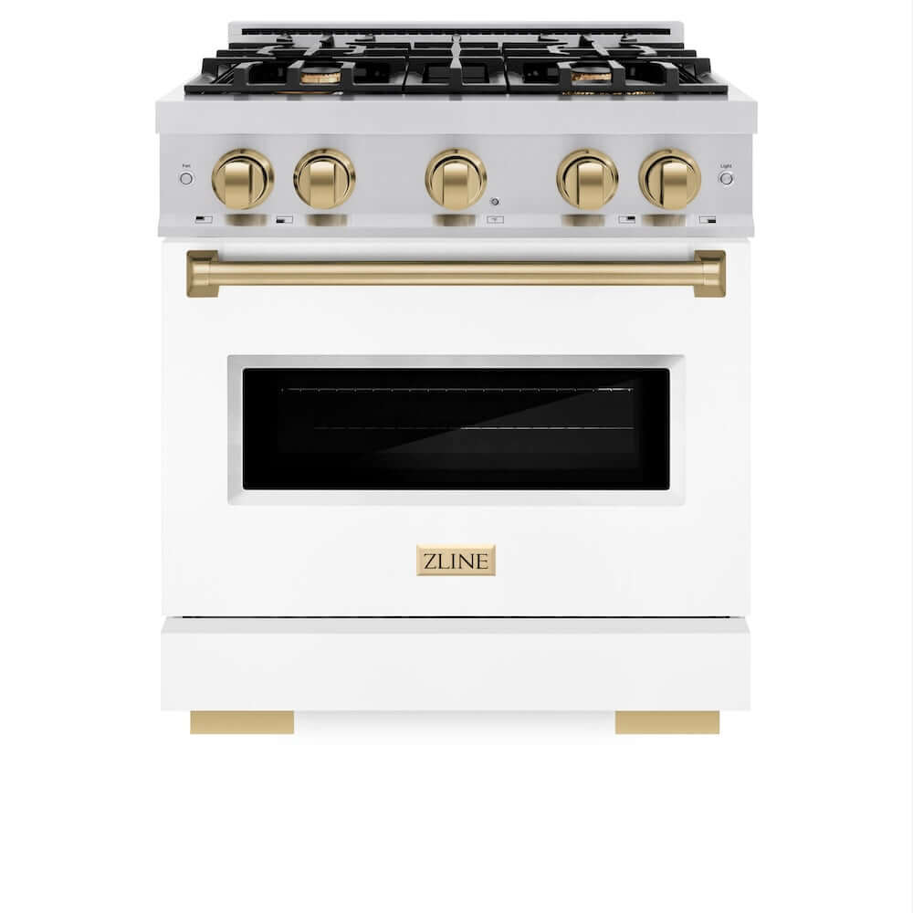 ZLINE Autograph Edition 30 in. 4.2 cu. ft. Classic Dual Fuel Range with 4 Burner Gas Cooktop and Electric Convection Oven in Stainless Steel with White Matte Door and Champagne Bronze Accents (CDRZ-WM-30-CB) front, oven closed.