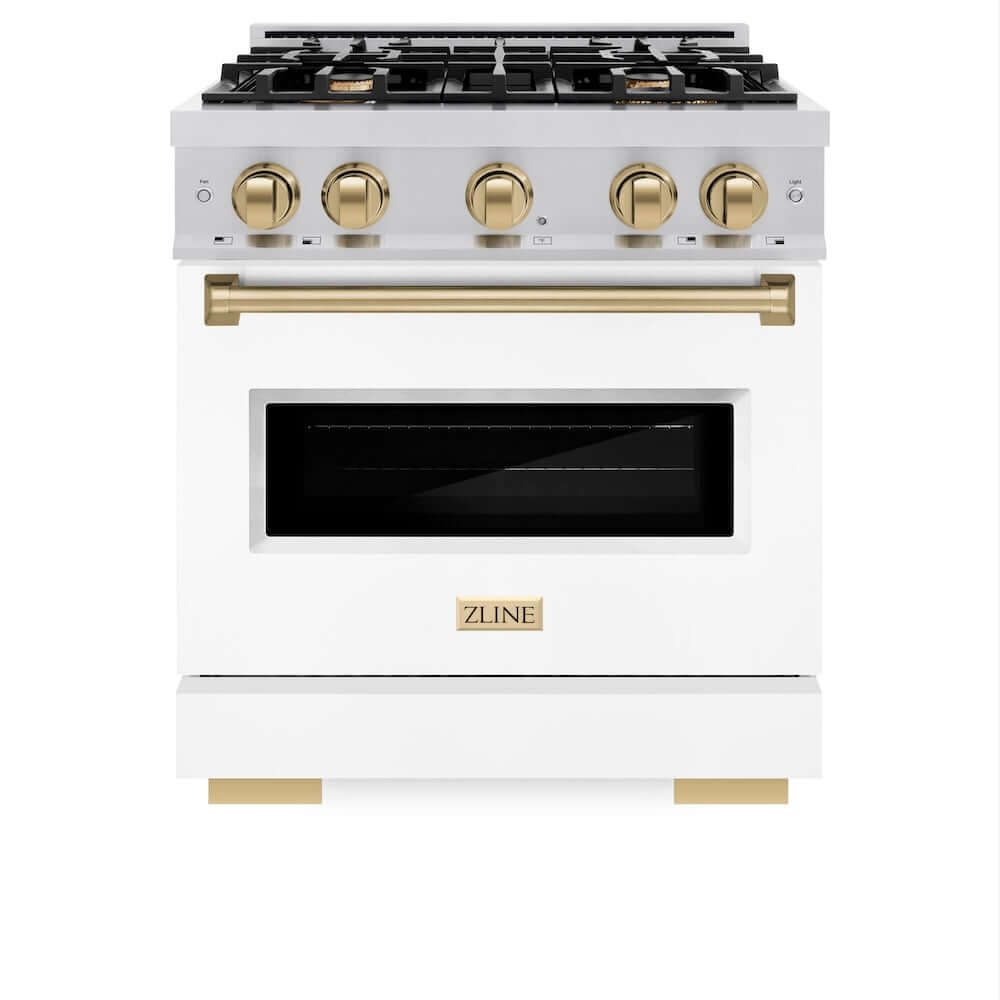 ZLINE Autograph Edition 30 in. 4.2 cu. ft. Classic Dual Fuel Range with 4 Burner Gas Cooktop and Electric Convection Oven in Stainless Steel with White Matte Door and Champagne Bronze Accents, Open Box-Good Condition