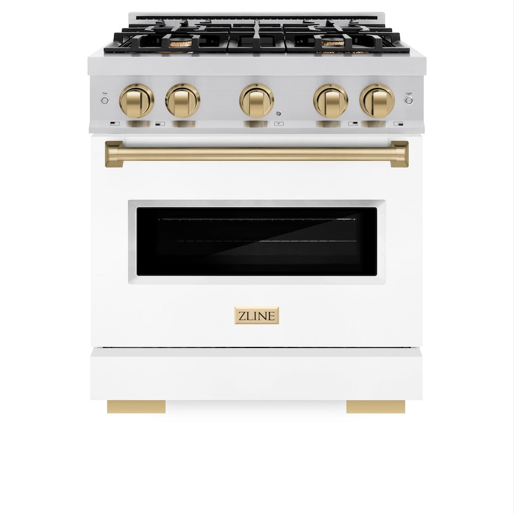 ZLINE Autograph Edition 30 in. 4.2 cu. ft. Classic Dual Fuel Range with 4 Burner Gas Cooktop and Electric Convection Oven in Stainless Steel with White Matte Door and Champagne Bronze Accents, Open Box-Great Condition