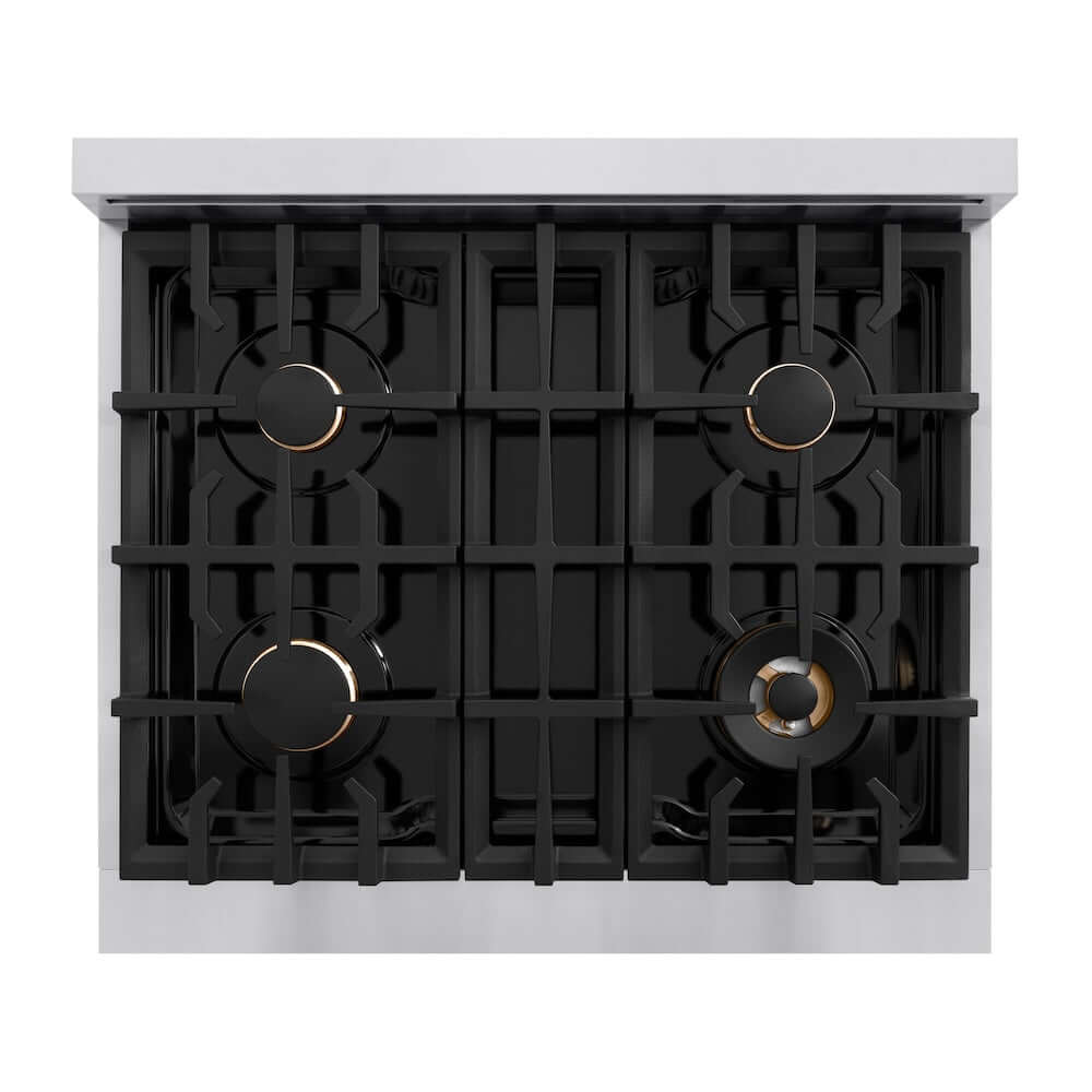 ZLINE Autograph Edition 30 in. 4.2 cu. ft. Classic Dual Fuel Range with 4 Burner Gas Cooktop and Electric Convection Oven in Stainless Steel with White Matte Door and Champagne Bronze Accents (CDRZ-WM-30-CB) top-down, above cooktop.