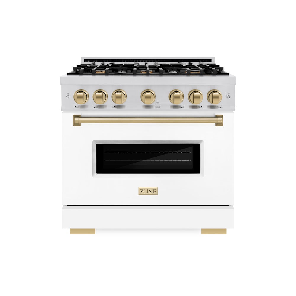 ZLINE Autograph Edition 36 in. 5.2 cu. ft. Classic Dual Fuel Range with 6 Burner Gas Cooktop and Electric Convection Oven in Stainless Steel with White Matte Door and Champagne Bronze Accents, Open Box-Great Condition