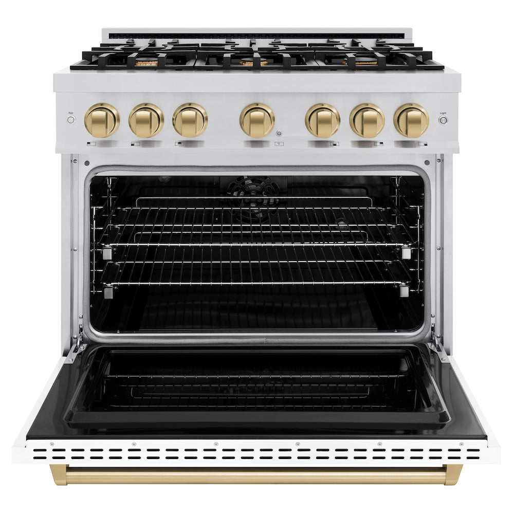 ZLINE Autograph Edition 36 in. 5.2 cu. ft. Classic Dual Fuel Range with 6 Burner Gas Cooktop and Electric Convection Oven in Stainless Steel with White Matte Door and Champagne Bronze Accents, Open Box-Great Condition