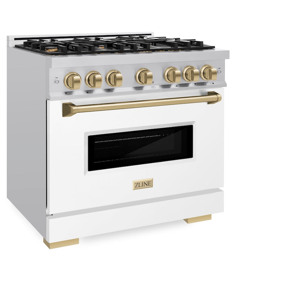 ZLINE Autograph Edition 36 in. 5.2 cu. ft. Classic Dual Fuel Range with 6 Burner Gas Cooktop and Electric Convection Oven in Stainless Steel with White Matte Door and Champagne Bronze Accents, Open Box-Great Condition