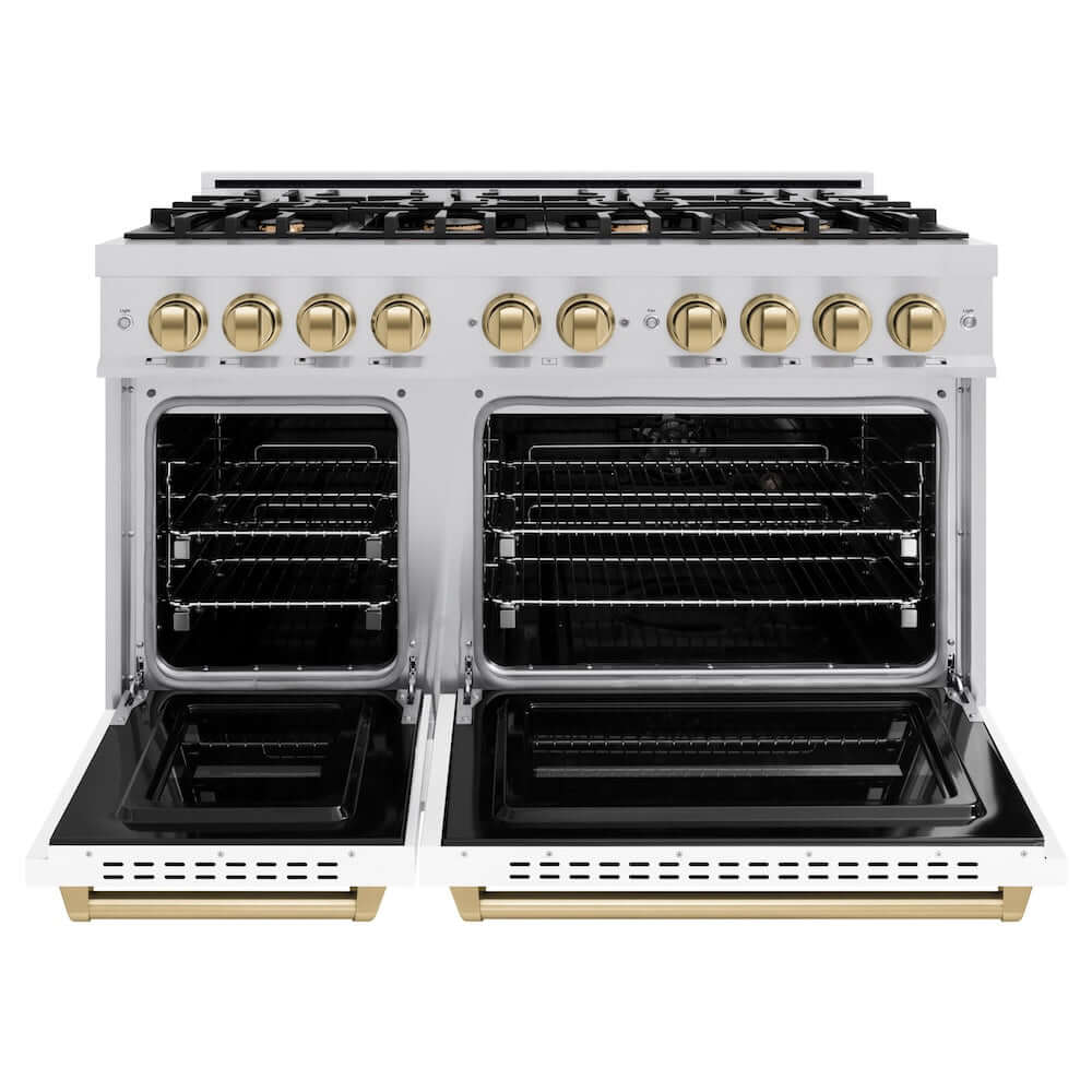ZLINE Autograph Edition 48 in. 6.7 cu. ft. Classic Double Oven Dual Fuel Range with 8 Burner Gas Cooktop in Stainless Steel with White Matte Doors and Champagne Bronze Accents, Open Box-Good Condition