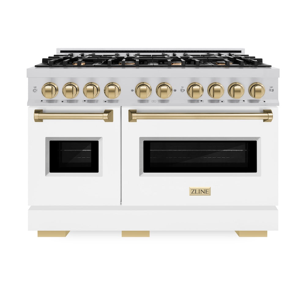 ZLINE Autograph Edition 48 in. 6.7 cu. ft. Classic Double Oven Dual Fuel Range with 8 Burner Gas Cooktop in Stainless Steel with White Matte Doors and Champagne Bronze Accents, Open Box-Great Condition