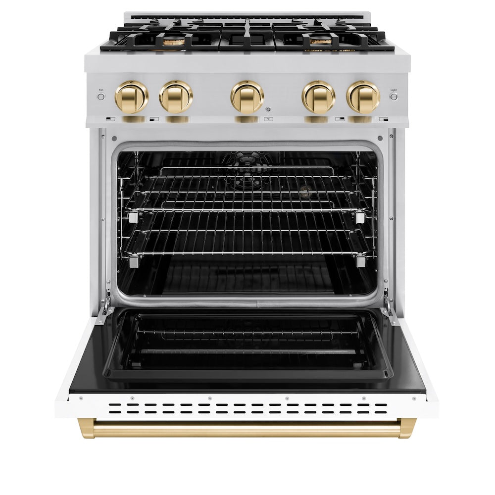 ZLINE Autograph Edition 30 in. 4.2 cu. ft. Classic Dual Fuel Range with 4 Burner Gas Cooktop and Electric Convection Oven in Stainless Steel with White Matte Door and Polished Gold Accents (CDRZ-WM-30-G)