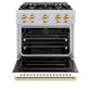 ZLINE Autograph Edition 30 in. 4.2 cu. ft. Classic Dual Fuel Range with 4 Burner Gas Cooktop and Electric Convection Oven in Stainless Steel with White Matte Door and Polished Gold Accents (CDRZ-WM-30-G) front, oven open.
