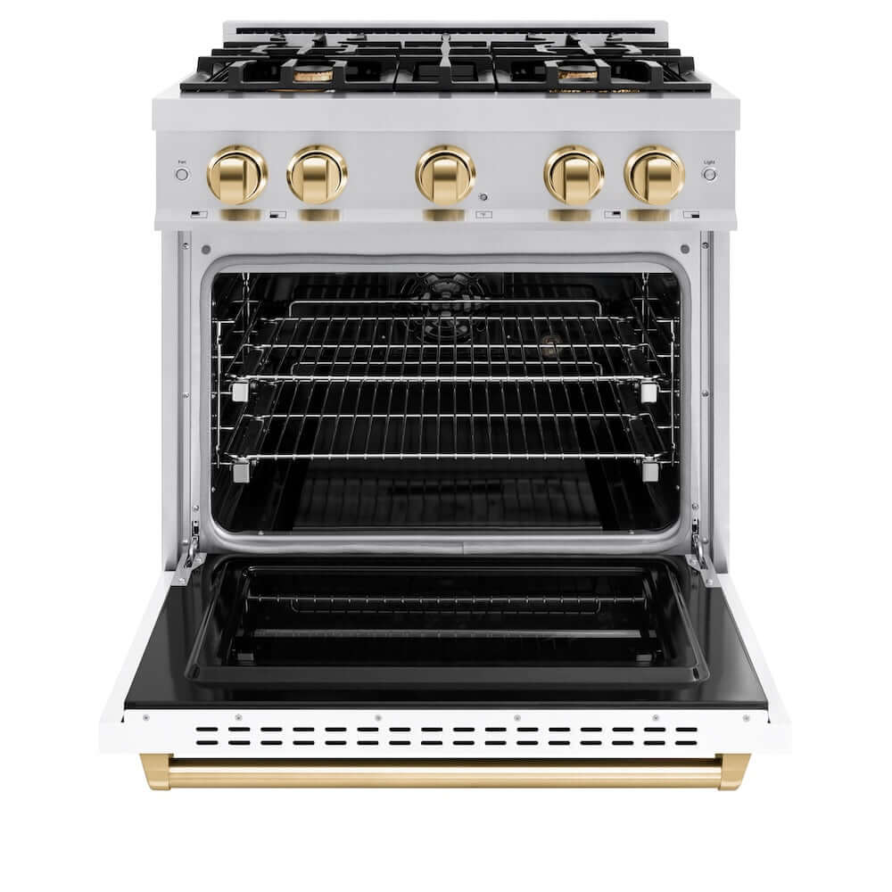 ZLINE Autograph Edition 30 in. 4.2 cu. ft. Classic Dual Fuel Range with 4 Burner Gas Cooktop and Electric Convection Oven in Stainless Steel with White Matte Door and Polished Gold Accents, Open Box-Good Condition