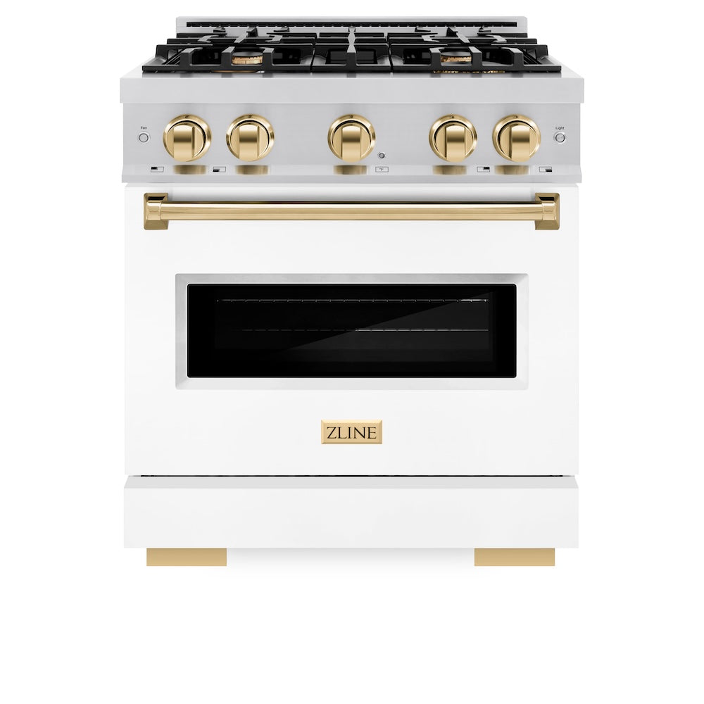 ZLINE Autograph Edition 30 in. 4.2 cu. ft. Classic Dual Fuel Range with 4 Burner Gas Cooktop and Electric Convection Oven in Stainless Steel with White Matte Door and Polished Gold Accents (CDRZ-WM-30-G)