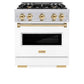 ZLINE Autograph Edition 30 in. 4.2 cu. ft. Classic Dual Fuel Range with 4 Burner Gas Cooktop and Electric Convection Oven in Stainless Steel with White Matte Door and Polished Gold Accents (CDRZ-WM-30-G) front, oven closed.