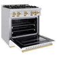 ZLINE Autograph Edition 30 in. 4.2 cu. ft. Classic Dual Fuel Range with 4 Burner Gas Cooktop and Electric Convection Oven in Stainless Steel with White Matte Door and Polished Gold Accents (CDRZ-WM-30-G) side, open.