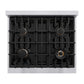 ZLINE Autograph Edition 30 in. 4.2 cu. ft. Classic Dual Fuel Range with 4 Burner Gas Cooktop and Electric Convection Oven in Stainless Steel with White Matte Door and Polished Gold Accents (CDRZ-WM-30-G) top-down, above cooktop.