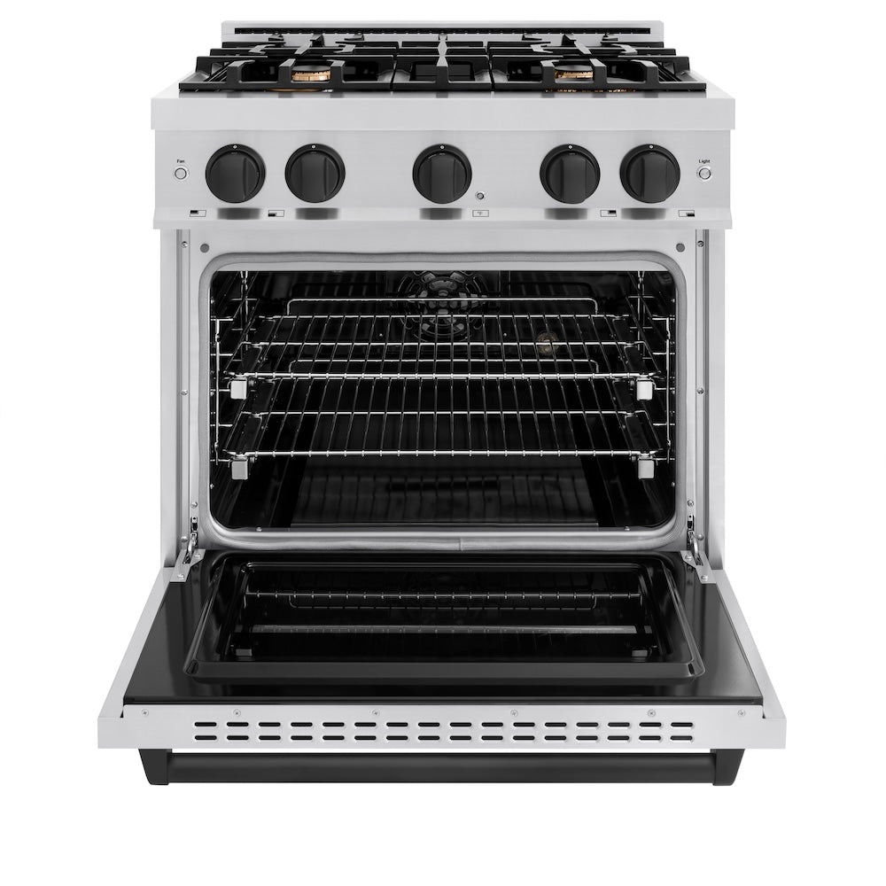 ZLINE Autograph Edition 30 in. 4.2 cu. ft. Classic Dual Fuel Range with 4 Burner Gas Cooktop and Electric Convection Oven in Stainless Steel with Matte Black Accents (CDRZ-30-MB) front, oven open.