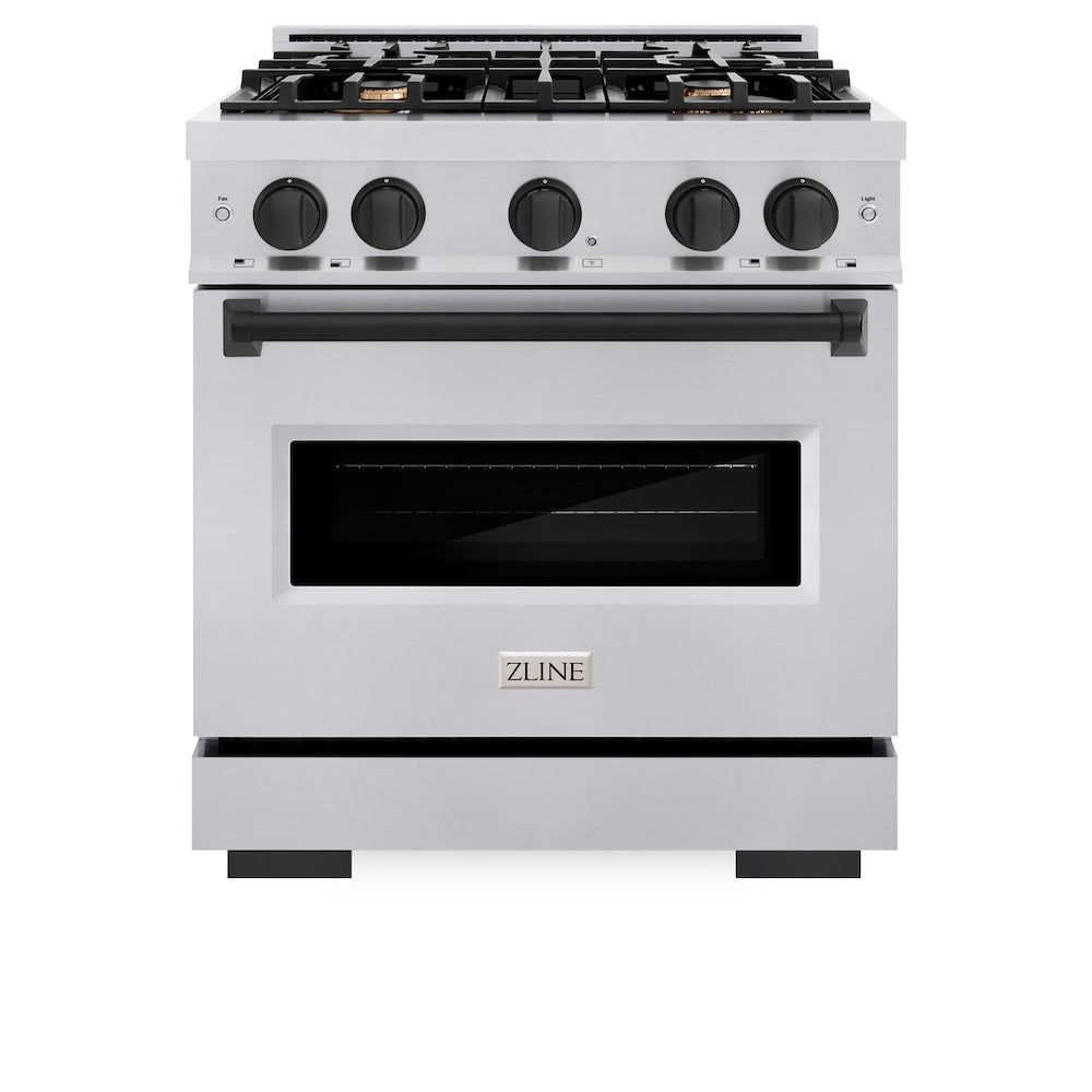 ZLINE Autograph Edition 30 in. 4.2 cu. ft. Classic Dual Fuel Range with 4 Burner Gas Cooktop and Electric Convection Oven in Stainless Steel with Matte Black Accents (CDRZ-30-MB) front, oven closed.