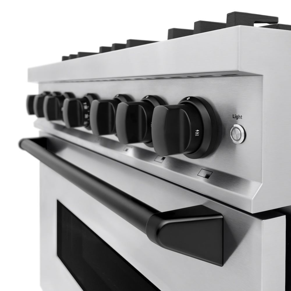 ZLINE Autograph Edition 36 in. 5.2 cu. ft. Classic Dual Fuel Range with 6 Burner Gas Cooktop and Electric Convection Oven in Stainless Steel with Matte Black Accents, Open Box-Great Condition