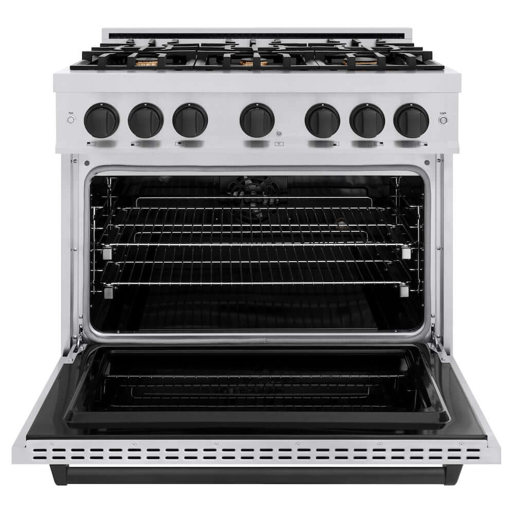 ZLINE Autograph Edition 36 in. 5.2 cu. ft. Classic Dual Fuel Range with 6 Burner Gas Cooktop and Electric Convection Oven in Stainless Steel with Matte Black Accents, Open Box-Good Condition