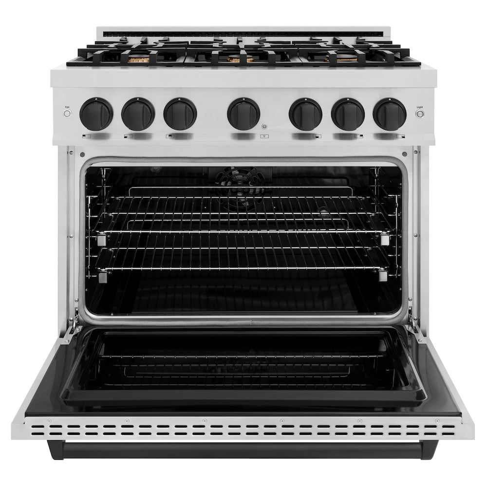 ZLINE Autograph Edition 36 in. 5.2 cu. ft. Classic Dual Fuel Range with 6 Burner Gas Cooktop and Electric Convection Oven in Stainless Steel with Matte Black Accents, Open Box-Great Condition