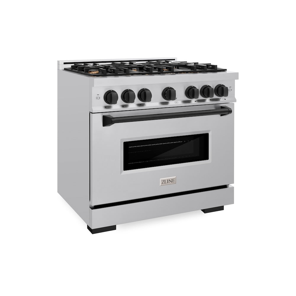 ZLINE Autograph Edition 36 in. 5.2 cu. ft. Classic Dual Fuel Range with 6 Burner Gas Cooktop and Electric Convection Oven in Stainless Steel with Matte Black Accents (CDRZ-36-MB) main image.