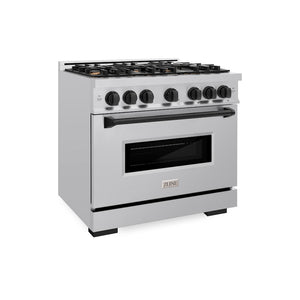 ZLINE Autograph Edition 36 in. 5.2 cu. ft. Classic Dual Fuel Range with 6 Burner Gas Cooktop and Electric Convection Oven in Stainless Steel with Matte Black Accents (CDRZ-36-MB) main image.