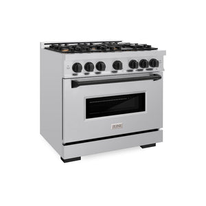 ZLINE Autograph Edition 36 in. 5.2 cu. ft. Classic Dual Fuel Range with 6 Burner Gas Cooktop and Electric Convection Oven in Stainless Steel with Matte Black Accents, Open Box-Great Condition main image.