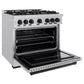 ZLINE Autograph Edition 36 in. 5.2 cu. ft. Classic Dual Fuel Range with 6 Burner Gas Cooktop and Electric Convection Oven in Stainless Steel with Matte Black Accents (CDRZ-36-MB) side, open.