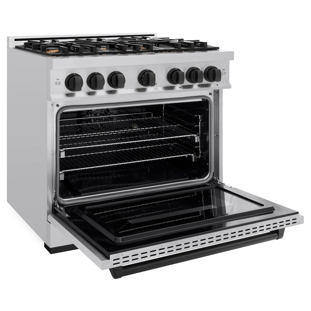 ZLINE Autograph Edition 36 in. 5.2 cu. ft. Classic Dual Fuel Range with 6 Burner Gas Cooktop and Electric Convection Oven in Stainless Steel with Matte Black Accents (CDRZ-36-MB) side, open.