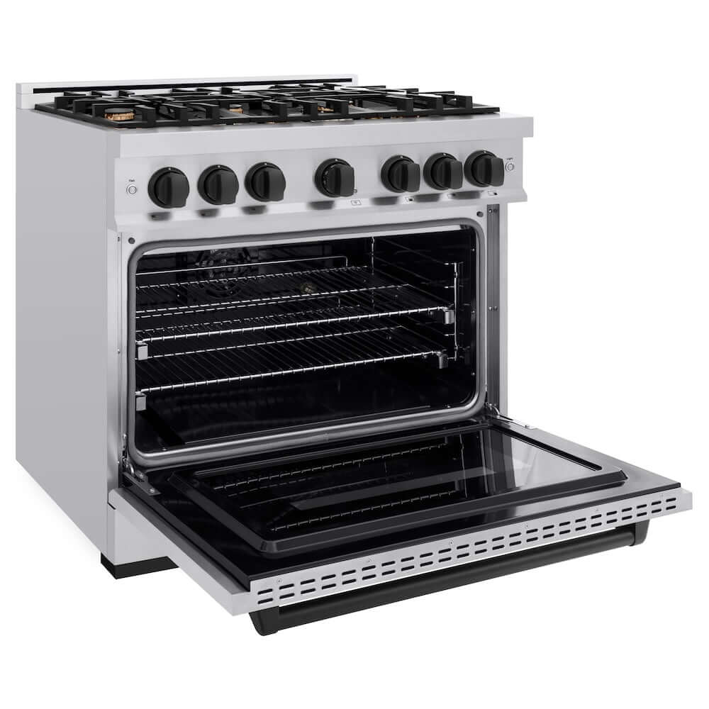 ZLINE Autograph Edition 36 in. 5.2 cu. ft. Classic Dual Fuel Range with 6 Burner Gas Cooktop and Electric Convection Oven in Stainless Steel with Matte Black Accents, Open Box-Good Condition