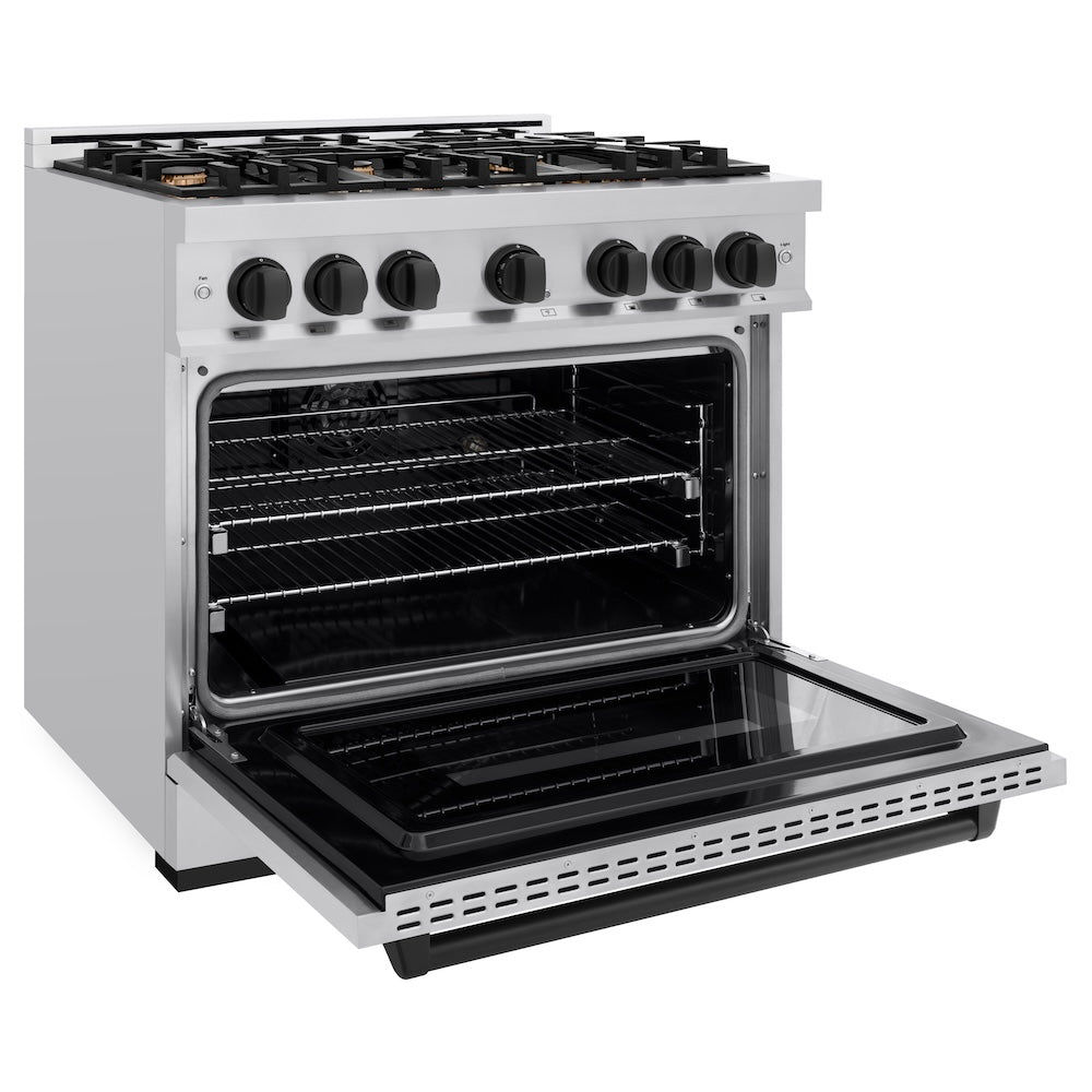 ZLINE Autograph Edition 36 in. 5.2 cu. ft. Classic Dual Fuel Range with 6 Burner Gas Cooktop and Electric Convection Oven in Stainless Steel with Matte Black Accents, Open Box-Great Condition
