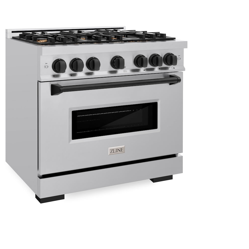 ZLINE Autograph Edition 36 in. 5.2 cu. ft. Classic Dual Fuel Range with 6 Burner Gas Cooktop and Electric Convection Oven in Stainless Steel with Matte Black Accents (CDRZ-36-MB) side, oven closed.