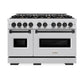 ZLINE Autograph Edition 48 in. 6.7 cu. ft. Classic Double Oven Dual Fuel Range with 8 Burner Gas Cooktop in Stainless Steel and Matte Black Accents (CDRZ-48-MB) front, oven closed.